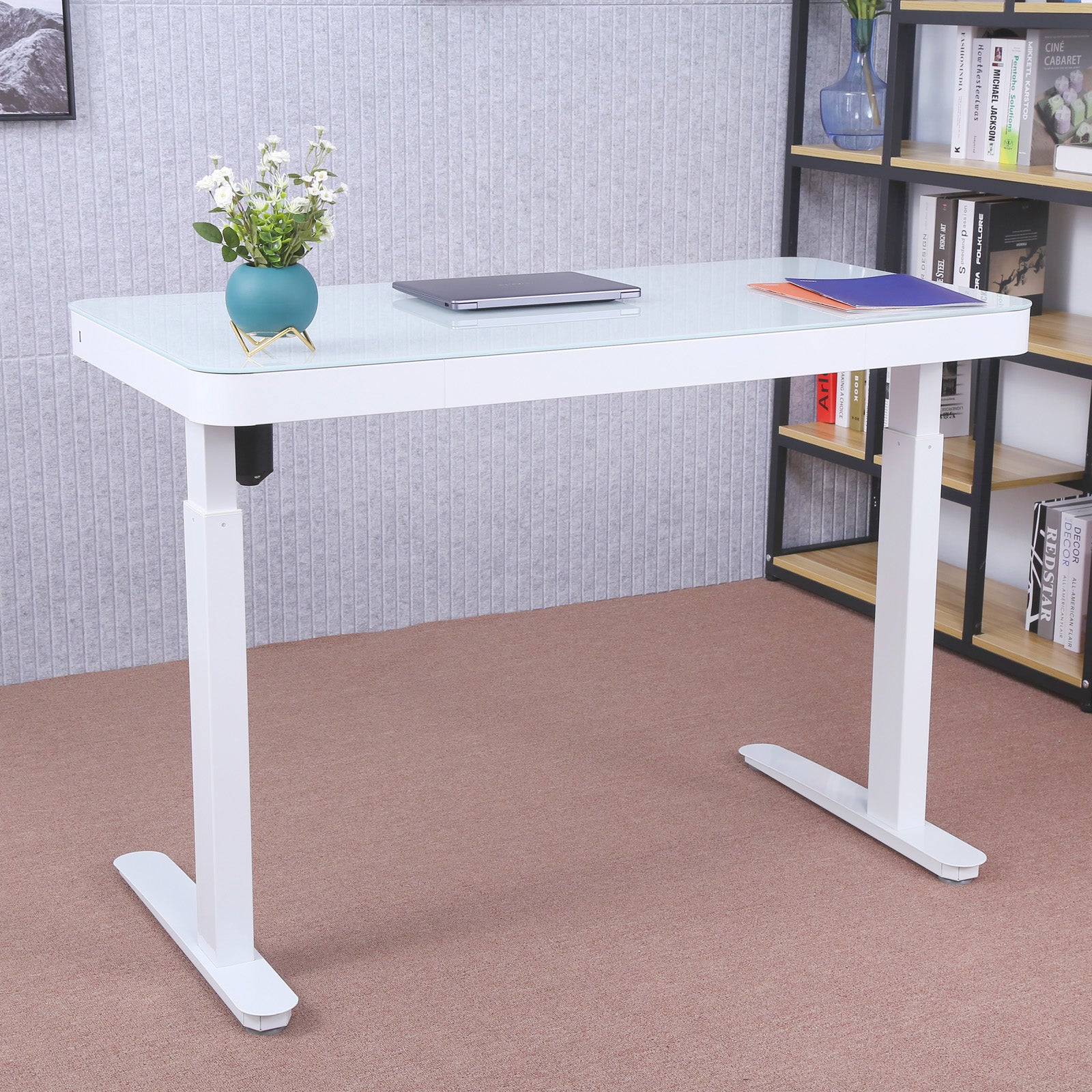 Adjustable height online glass desk